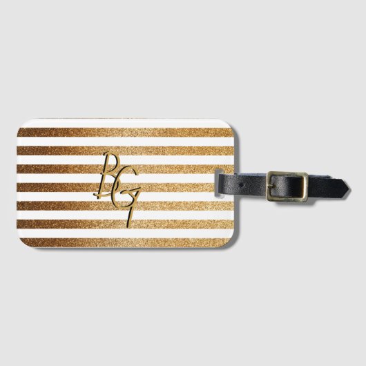 Elegant White Gold Glitter Stripe Monogram Bagagelabel (Voorkant (horizontaal))