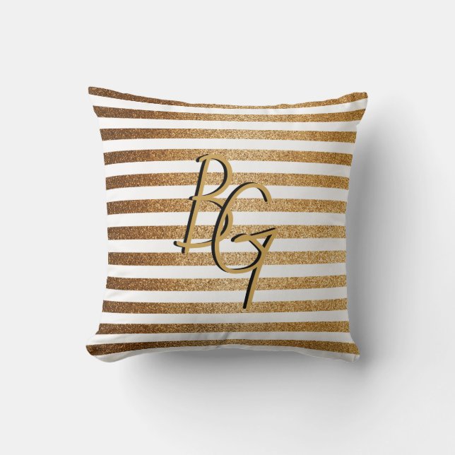 Elegant White Gold Glitter Stripe Monogram Kussen (Voorkant)
