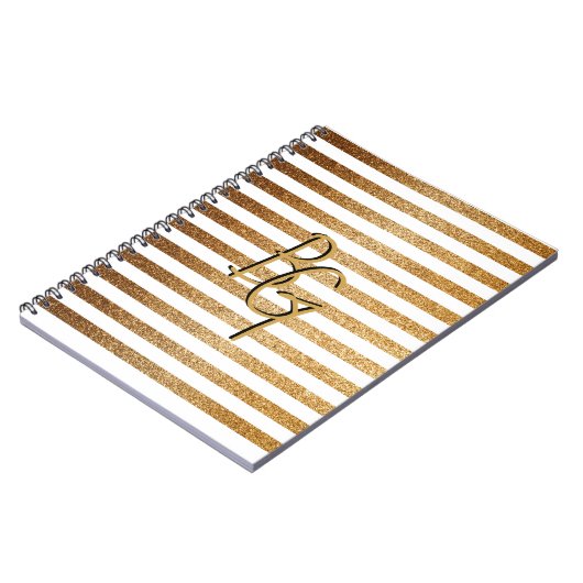 Elegant White Gold Glitter Stripe Monogram Notitieboek (Linkerzijde)