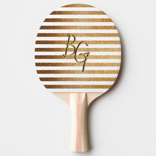 Elegant White Gold Glitter Stripe Monogram Tafeltennisbatje (Voorkant)