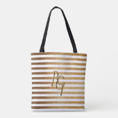 Elegant White Gold Glitter Stripe Monogram Tote Bag (Achterkant)