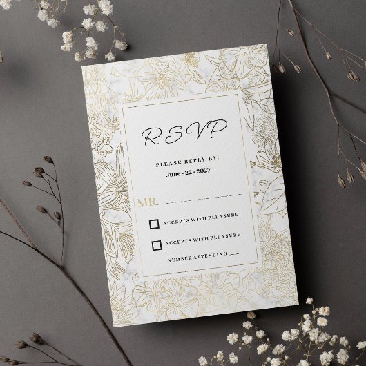 Elegant white gold gray marble floral RSVP  Kaart