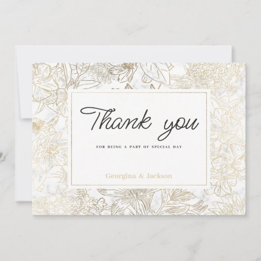 Elegant white gold gray marble floral Thank You  Kaart (Voorkant)