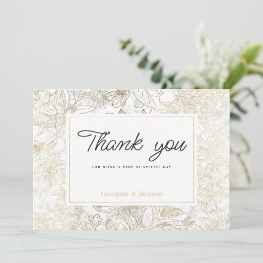 Elegant white gold gray marble floral Thank You Kaart (Staand voorkant)