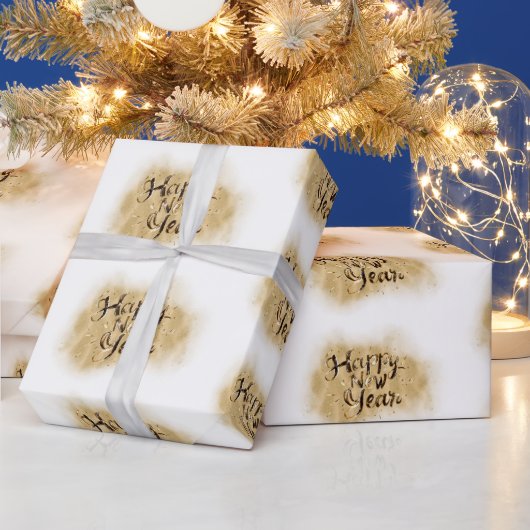 Elegant White Gold Happy New Year calligraphy Cadeaupapier (Feestdagen)