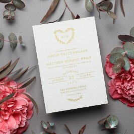 Elegant White & Gold Heart Wreath Wedding Folie Uitnodiging
