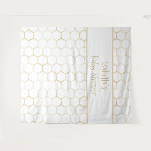 Elegant White Gold Hexagon Beehive Baby shower Wandkleed (Voorkant (horizontaal))