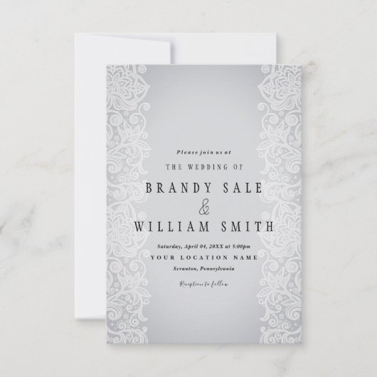 Elegant White Gold Lace Gray Black Weddencard Kaart