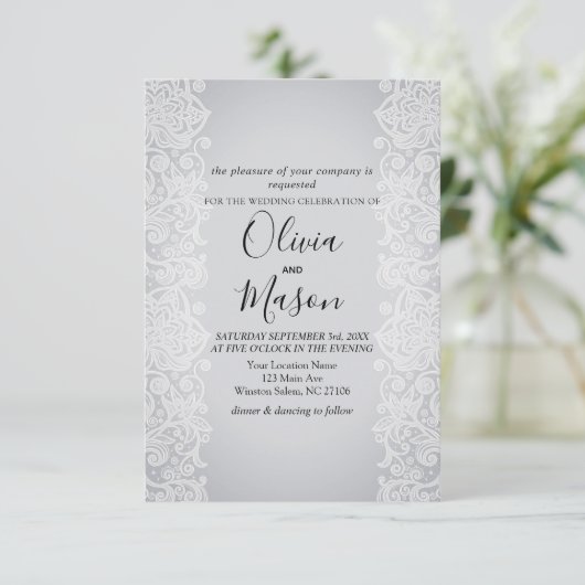 Elegant White Gold Lace Gray Black Weddencard Kaart (Staand voorkant)