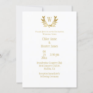 Elegant White Gold Leaf Chic Monogram Weddenschap Kaart