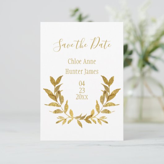Elegant White Gold Leaf Modern Minimalistisch Save The Date (Staand voorkant)