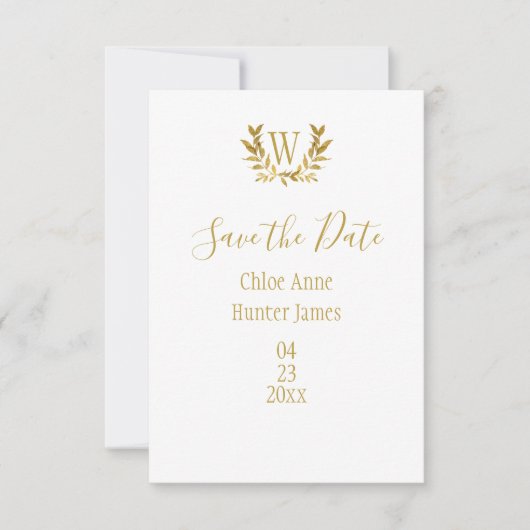 Elegant white Gold Leaf Monogram Minimalistisch Save The Date (Voorkant)