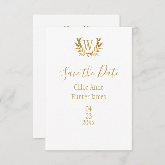 Elegant white Gold Leaf Monogram Minimalistisch Save The Date (Voorkant / Achterkant)