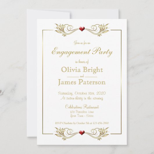 Elegant White Gold Lijst Heart Engagement Party Kaart (Voorkant)