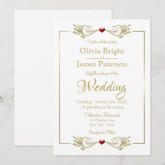 Elegant White Gold Lijst Red Heart Wedding Kaart (Voorkant / Achterkant)