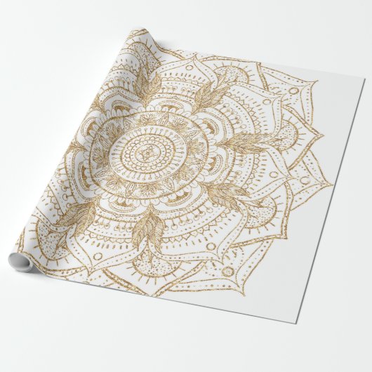 Elegant White & Gold Mandala Handtekening Ontwerp Cadeaupapier (Uitgerold)