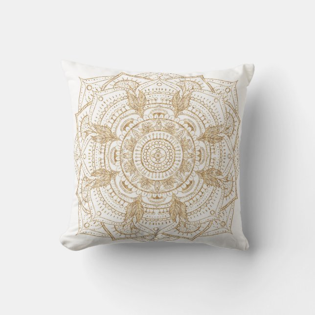 Elegant White & Gold Mandala Handtekening Ontwerp Kussen (Voorkant)