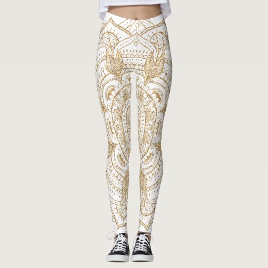 Elegant White & Gold Mandala Handtekening Ontwerp Leggings (Voorkant)