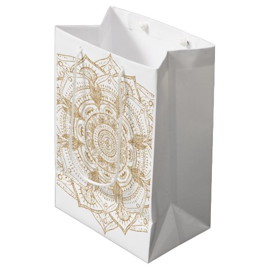 Elegant White & Gold Mandala Handtekening Ontwerp Medium Cadeauzakje (Voorkant Gekanteld)