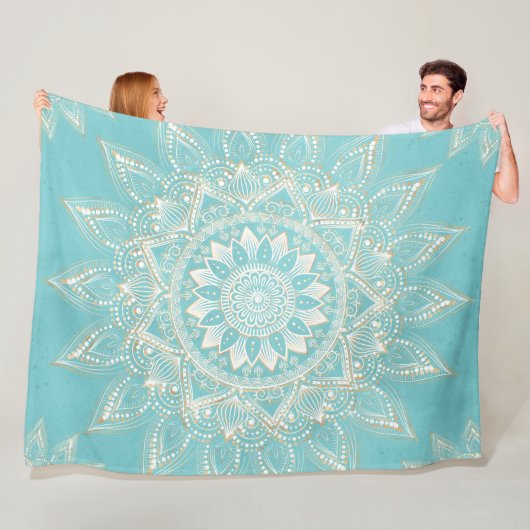 Elegant White Gold Mandala Sky Blue Design Fleece Deken (In situ)