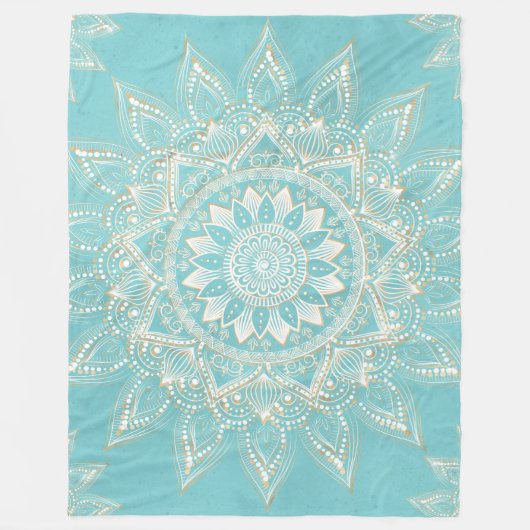 Elegant White Gold Mandala Sky Blue Design Fleece Deken (Voorkant)