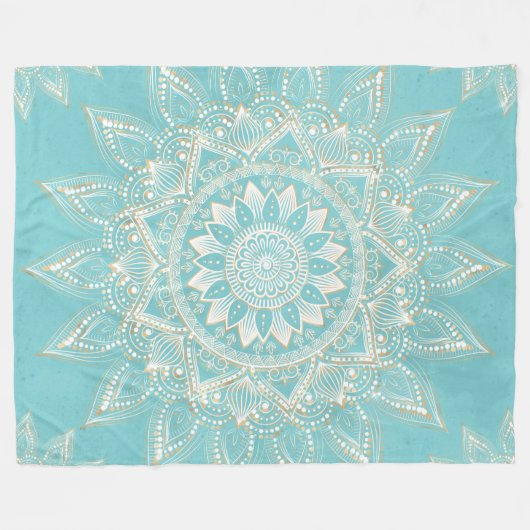 Elegant White Gold Mandala Sky Blue Design Fleece Deken (Voorkant (Horizontaal))