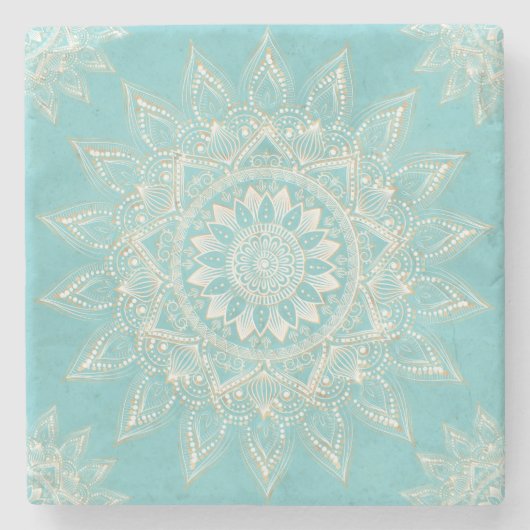 Elegant White Gold Mandala Sky Blue Design Stenen Onderzetter (Voorkant)