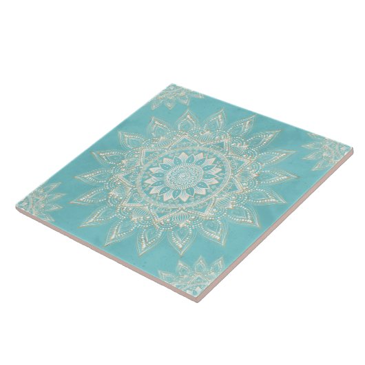 Elegant White Gold Mandala Sky Blue Design Tegeltje (Zijkant)