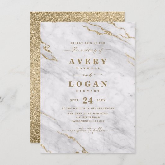 Elegant White & Gold Marble & Glitter Wedding Invi Kaart (Voorkant / Achterkant)