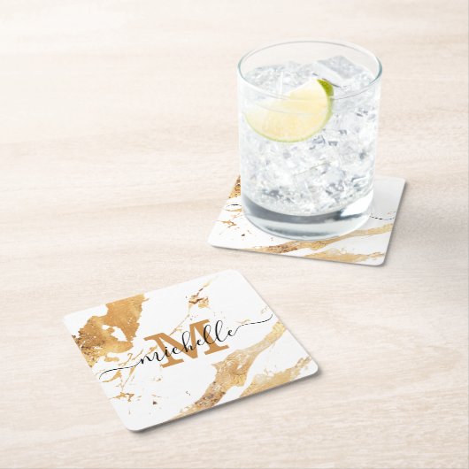 Elegant White Gold Marble Hand Lettered Monogram Kartonnen Onderzetters (Insitu)