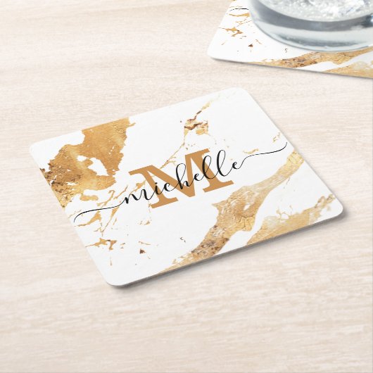 Elegant White Gold Marble Hand Lettered Monogram Kartonnen Onderzetters (Schuin)