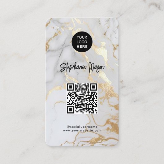Elegant White Gold Marble Logo & QR Code Moderne Visitekaartje (Voorkant)