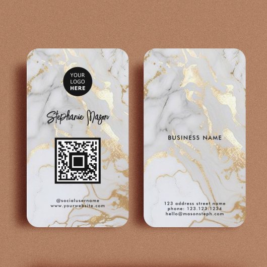Elegant White Gold Marble Logo & QR Code Moderne Visitekaartje