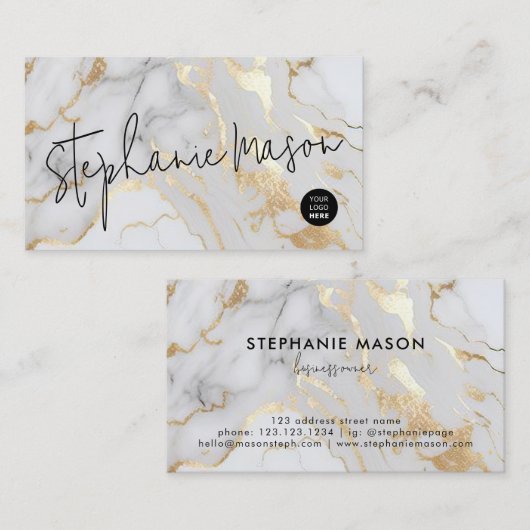 Elegant White Gold Marble Logo Script Modern Visitekaartje (Voorkant / Achterkant)