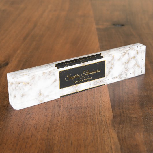 Elegant White Gold Marble Name - Desk Name Naambordje (Zijkant)