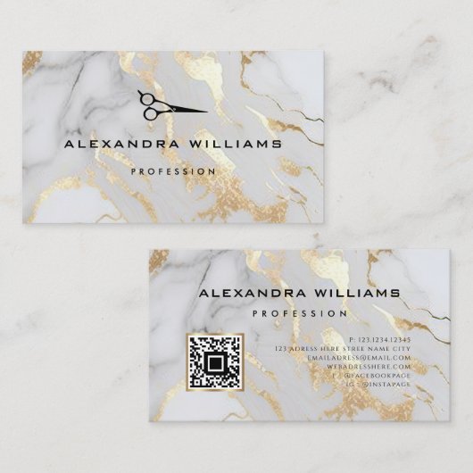 Elegant White Gold Marble QR Code Scissor Modern Visitekaartje (Voorkant / Achterkant)
