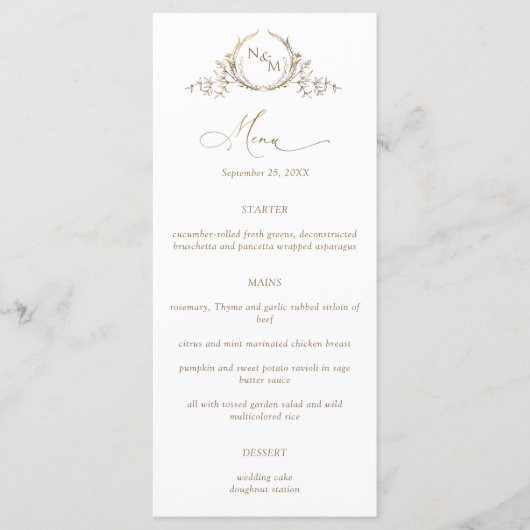 Elegant White Gold Monogram Crown Crest Wedding Menu (Voorkant)