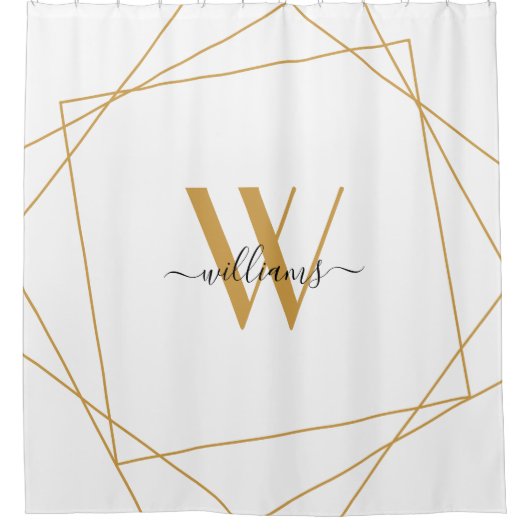 Elegant White Gold Monogram Geometric Name Script Douchegordijn (Voorkant)