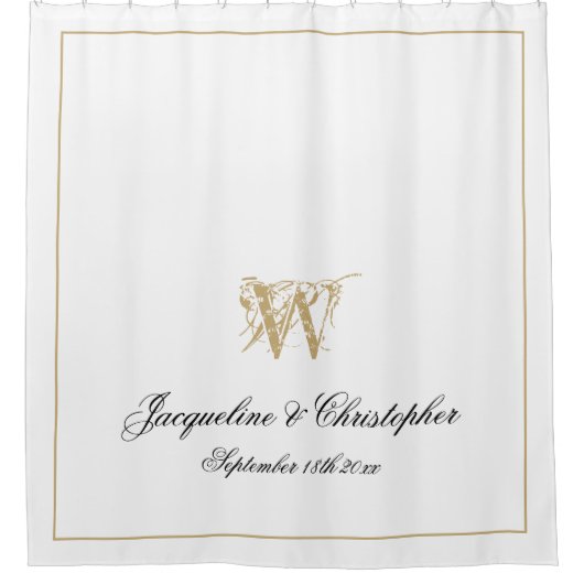 Elegant White Gold Monogram Names Pas getrouwd Wed Douchegordijn (Voorkant)