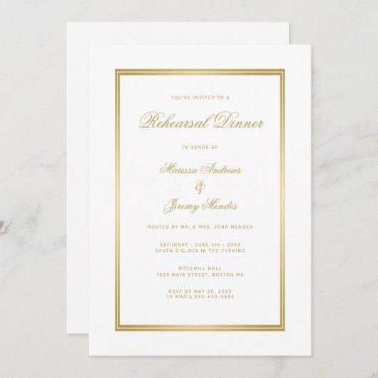 Elegant White Gold Monogram Rehearsal Dinner Kaart (Voorkant / Achterkant)