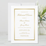 Elegant White Gold Monogram Rehearsal Dinner Kaart<br><div class="desc">Nodig uw trouwrepetitieve diner uit in stijl met deze elegante witte monogram uitnodiging. Het moderne ontwerp is voorzien van faux goudmonogram initialen in faux goudscript, samen met al je huwelijksgegevens om je te personaliseren in de vorm van een glanzend faux goudlijst op een witte achtergrond. Beste wensen voor je bruiloft...</div>