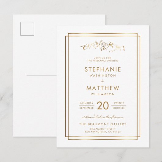 Elegant White & Gold Mountain Wedding Uitnodiging Briefkaart (Voorkant / Achterkant)