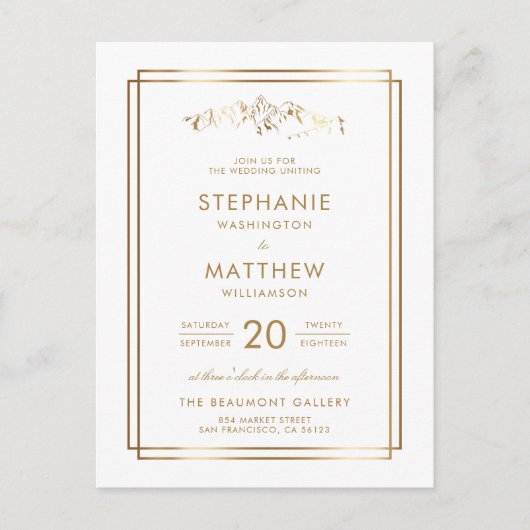 Elegant White & Gold Mountain Wedding Uitnodiging Briefkaart (Voorkant)