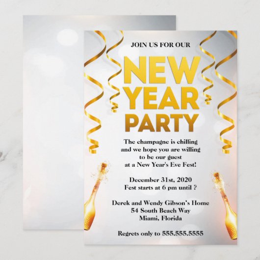 Elegant White & Gold New Years Eve Party Kaart (Voorkant / Achterkant)