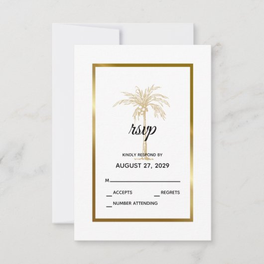 Elegant White Gold Palm Tree Modern Wedding RSVP Kaartje (Voorkant)