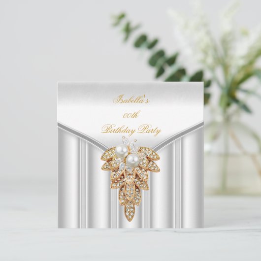 Elegant White Gold Pearl Birthday Party Kaart (Staand voorkant)