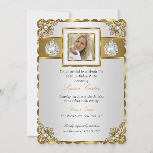 Elegant White Gold Pearl Damask Foto van Birthday Kaart (Voorkant)