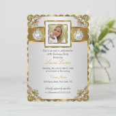 Elegant White Gold Pearl Damask Foto van Birthday Kaart (Staand voorkant)