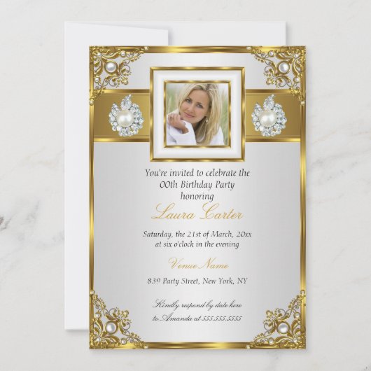 Elegant White Gold Pearl Damask Foto van Birthday Kaart (Voorkant)