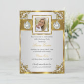 Elegant White Gold Pearl Damask Foto van Birthday Kaart (Staand voorkant)